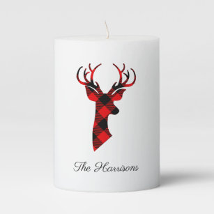 Elegant Farmhouse Red Plaid Deer Personalized Pillar Candle