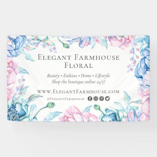 Elegant Farmhouse Watercolor Floral Peony Flowers Banner