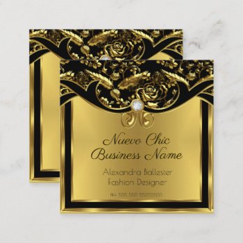 Elegant Fashion Gold Black Damask Floral Square Business Card by Zizzago at Zazzle