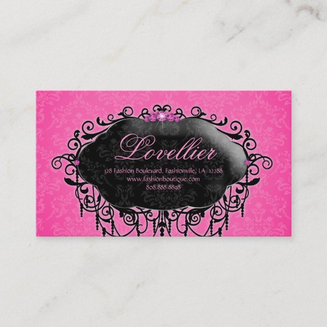 Elegant Fashion Jewelry Pink Black Damask Business Card (Front)