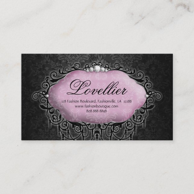 Elegant Fashion Jewelry Pink Gray Damask Business Card (Front)
