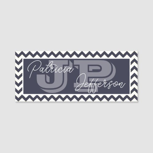 Elegant Fashionable Dark Blue Chevron Monogrammed Name Tag