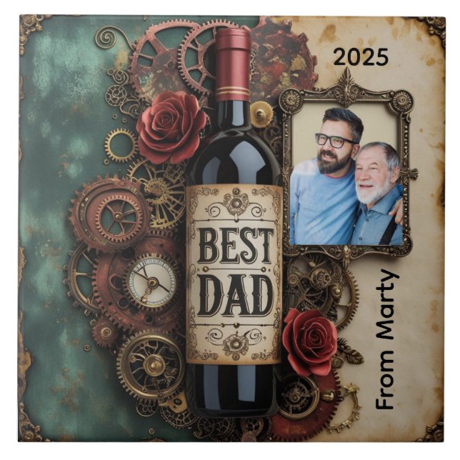 Elegant Father’s Day Steampunk Bottle and Gears Ceramic Tile (Front)