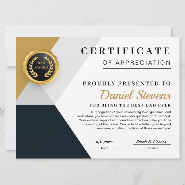 Elegant Father's Day Certificate Card (Front)