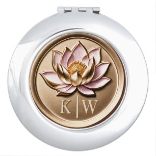 Elegant Faux 3D Gilded Pink Lotus Gold Monogram Compact Mirror