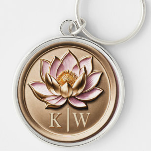 Elegant Faux 3D Gilded Pink Lotus Gold Monogram Keychain