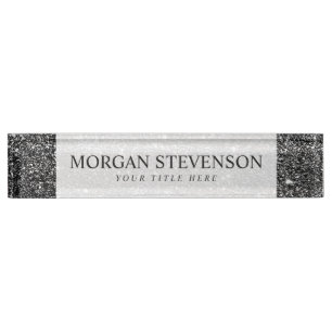 Elegant Faux Black Glitter Desk Name Plate