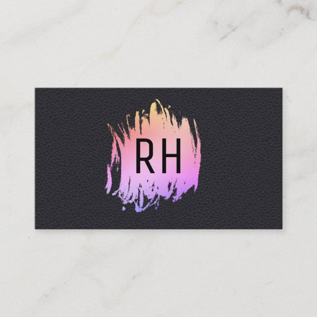 Elegant Faux Black Leather Brushed Color Monogram Business Card (Front)