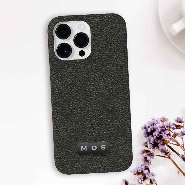 Elegant Faux Black Leather Look Monogrammed Case-Mate iPhone Case (A classic and timeless black faux leather look phone case with space for your initials)