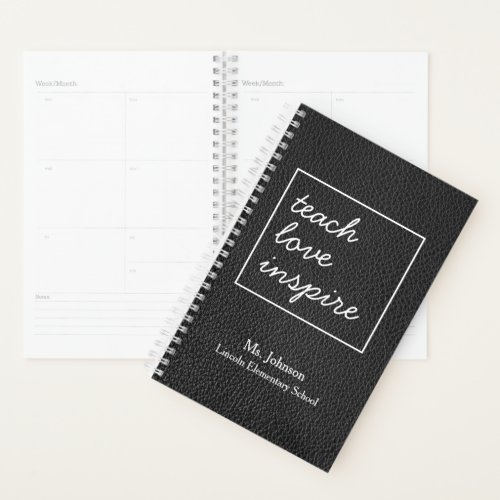 Elegant Faux Black Leather Personalized Teacher Planner