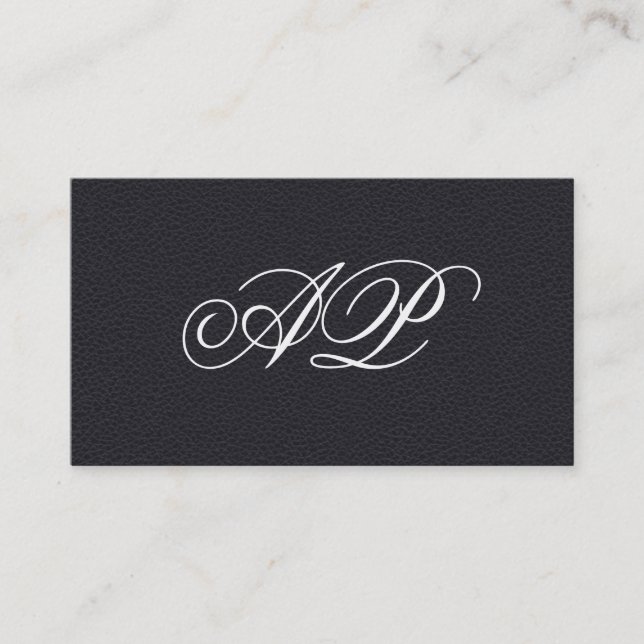 Elegant Faux Black Leather with Luxe Monogram Business Card (Front)