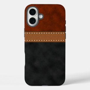 Elegant Faux Black Red Brown Leather Suede Print iPhone 16 Plus Case