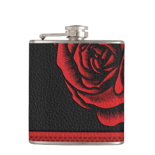 Elegant Faux Black Red Leather Rose Flask
