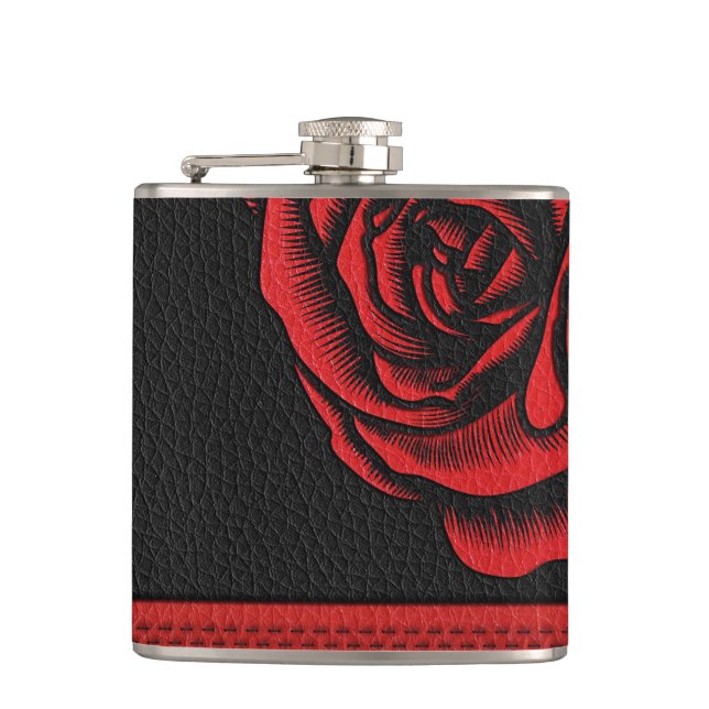 Elegant Faux Black Red Leather Rose Flask (Front)