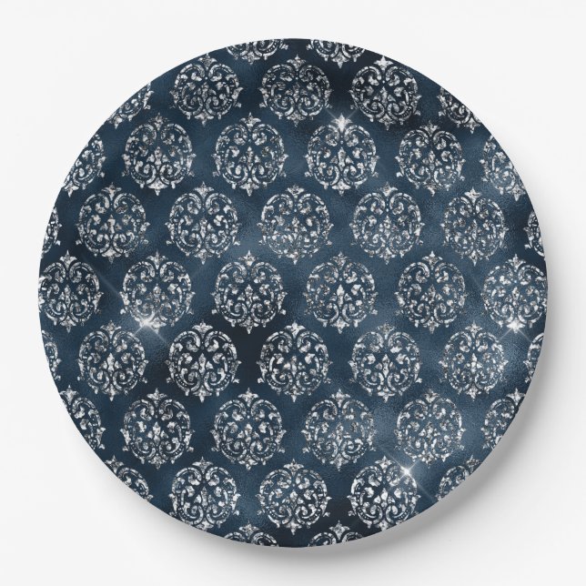 Elegant Faux Blue Foil Silver Christmas  Paper Plates (Front)