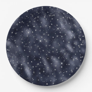 Elegant Faux Blue Foil Silver Stars Christmas  Paper Plates