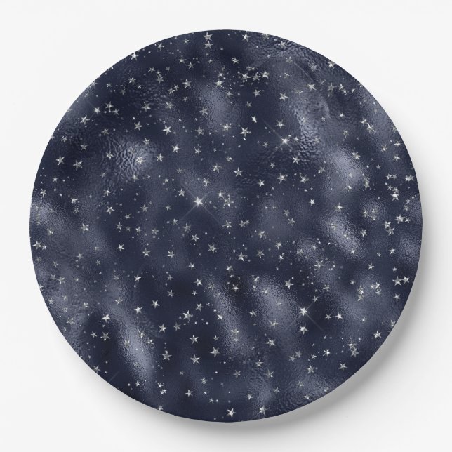 Elegant Faux Blue Foil Silver Stars Christmas  Paper Plates (Front)
