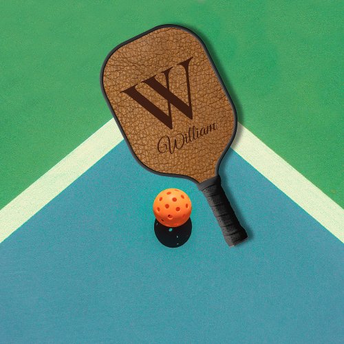 Elegant Faux Brown Leather Monogrammed Initial  Pickleball Paddle