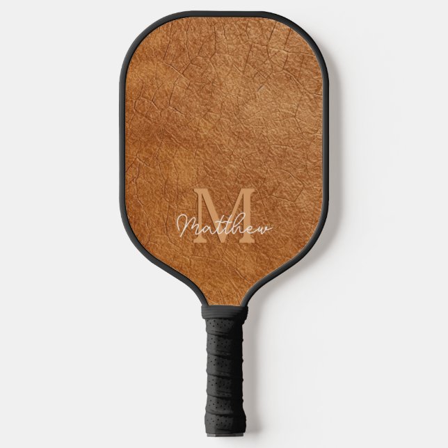 Elegant Faux Brown Leather Texture Personalized  Pickleball Paddle (Front)