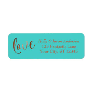 Elegant Faux Copper Foil Love Script w/ Turquoise Label