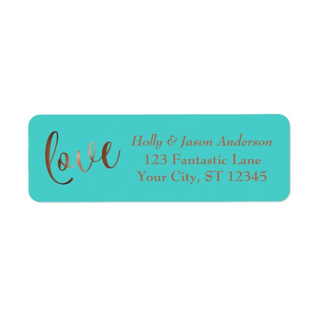 Elegant Faux Copper Foil Love Script w/ Turquoise Label (Front)