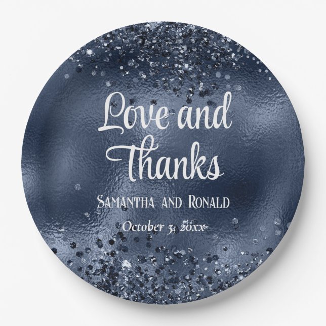 Elegant Faux Dark Blue Glitter and Foil Wedding Paper Plates (Front)