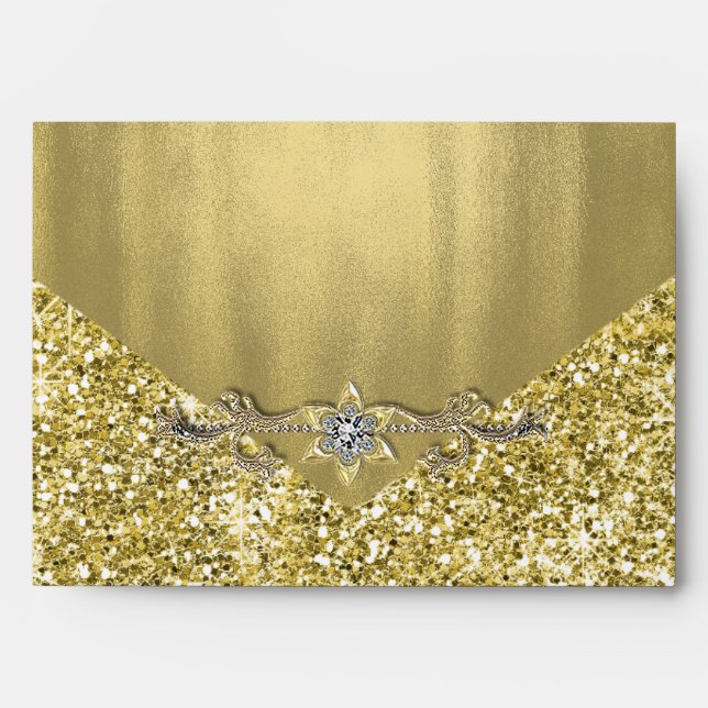 Elegant Faux Diamond Gold Glitter Foil Envelope (Front)