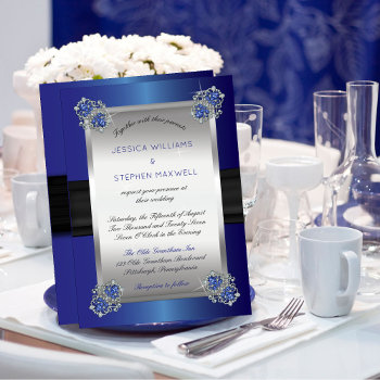 Elegant Faux Diamonds Sapphire Clasps Blue Wedding Invitation by holidayhearts at Zazzle