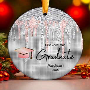 Elegant faux dripping glitter monogram graduate ceramic ornament