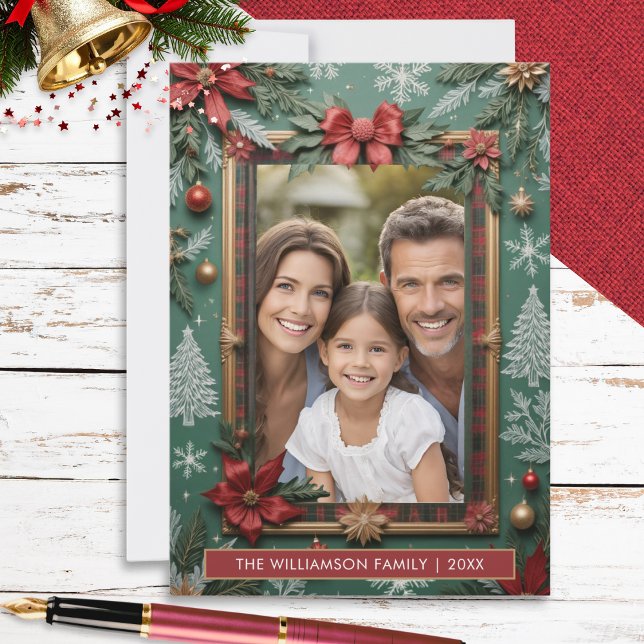 Elegant Faux-Embellished Flat Christmas Holiday Card (An elegant Christmas card in festive red, green and white, with space for your custom photo and name)