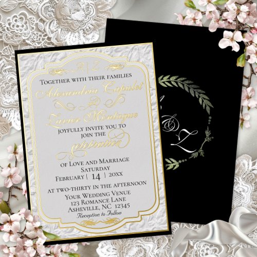 Elegant Faux Embossed Calligraphy - White/Black Foil Invitation