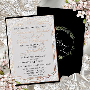 Elegant Faux Embossed Calligraphy - White/Black Foil Invitation