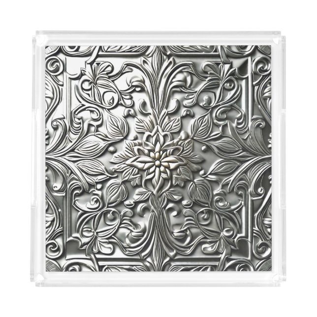 Elegant faux, embossed metal serving tray (Front)