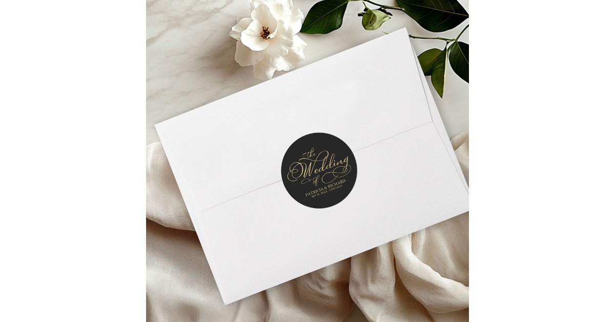 Elegant Faux Foil Black Gold Calligraphy Wedding Classic Round Sticker ...