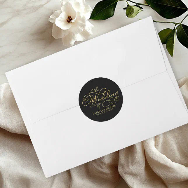 Elegant Faux Foil Black Gold Calligraphy Wedding Classic Round Sticker ...