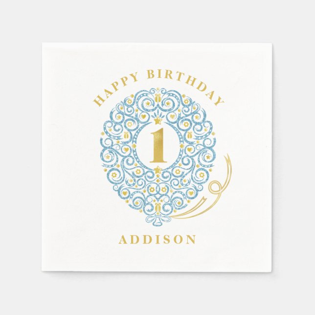 Elegant Faux Foil Lacy Balloon 1st Birthday Party Paper Napkins (Front)