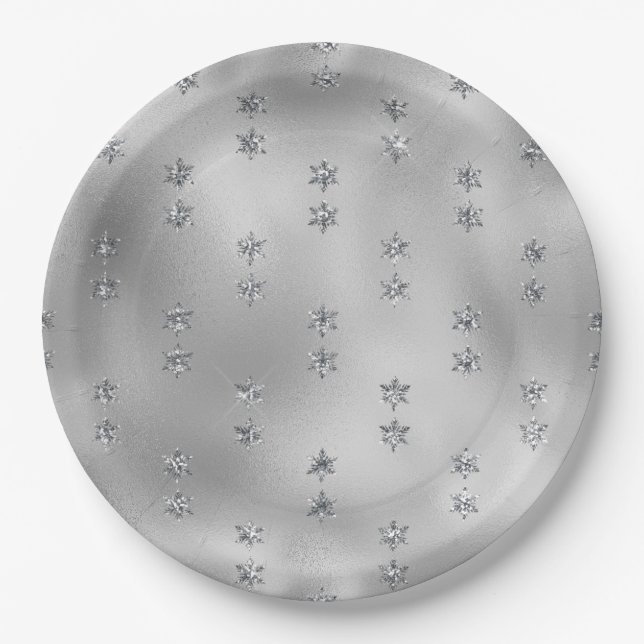 Elegant Faux Foil Silver Stars Christmas  Paper Plates (Front)