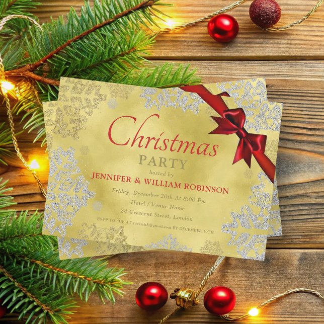 Elegant FAUX Foil Snowflakes Xmas Holiday Ribbon Invitation (Elegant FAUX Foil Snowflakes Xmas Holiday Ribbon Invitation)