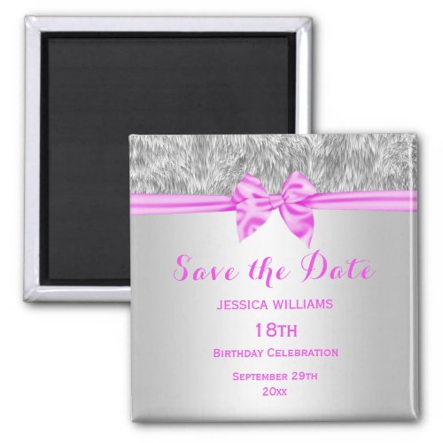 Elegant Faux Fur  Pink Bow Birthday Save The Date Magnet