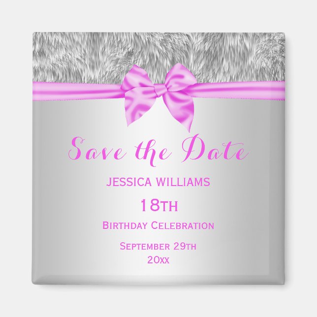 Elegant Faux Fur & Pink Bow Birthday Save The Date Magnet (Front)