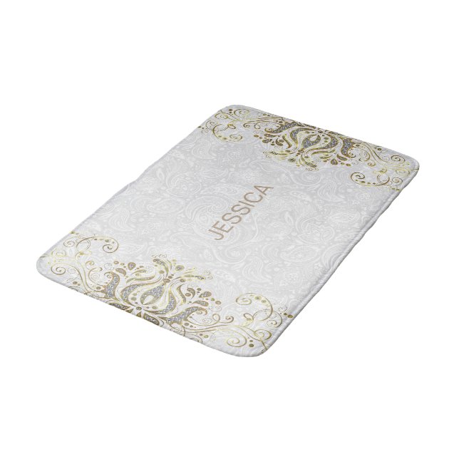 Elegant Faux Glitter And Gold Floral Lace Swirl Bath Mat (Angled)