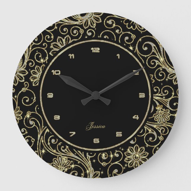 Elegant Faux Glitter And Gold On Black Large Clock (Front)