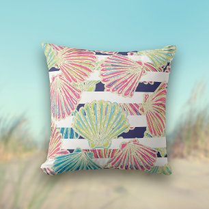 Elegant Faux Glitter Seashells on Stripes Throw Pillow