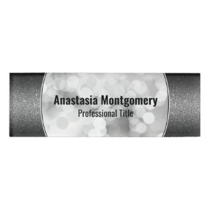 Elegant Faux Glitter White Bokeh Black Text Name Tag