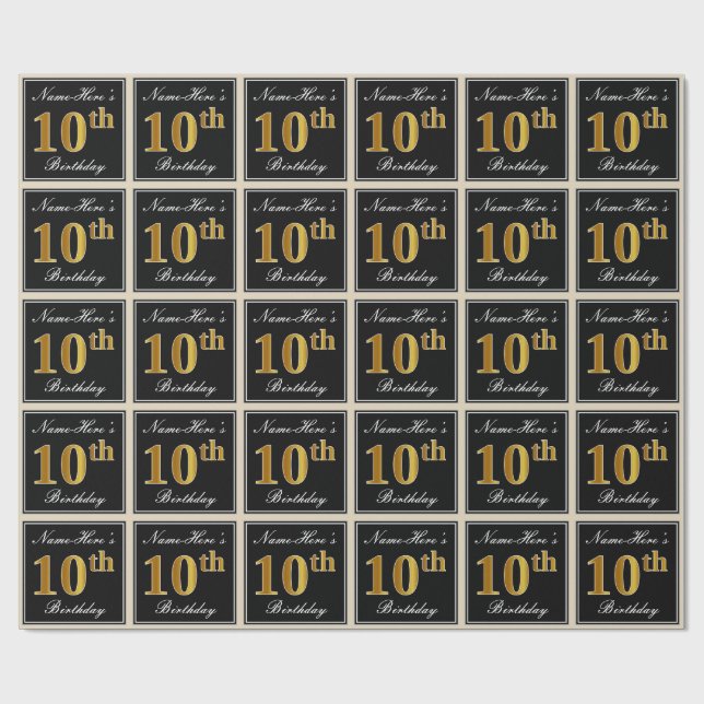 Elegant, Faux Gold 10th Birthday + Custom Name Wrapping Paper (Flat)