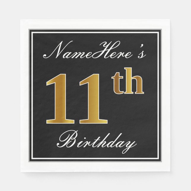 Elegant, Faux Gold 11th Birthday + Custom Name Napkins (Front)