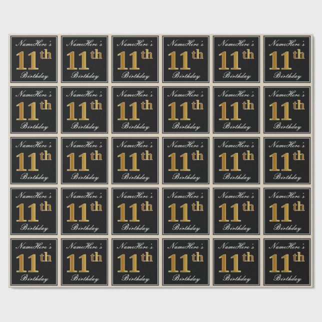 Elegant, Faux Gold 11th Birthday + Custom Name Wrapping Paper (Flat)