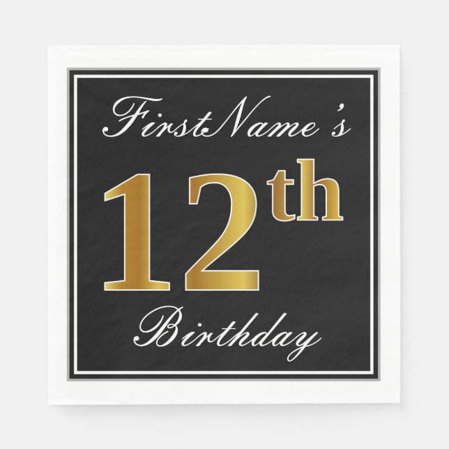 Elegant, Faux Gold 12th Birthday + Custom Name Napkins (Front)