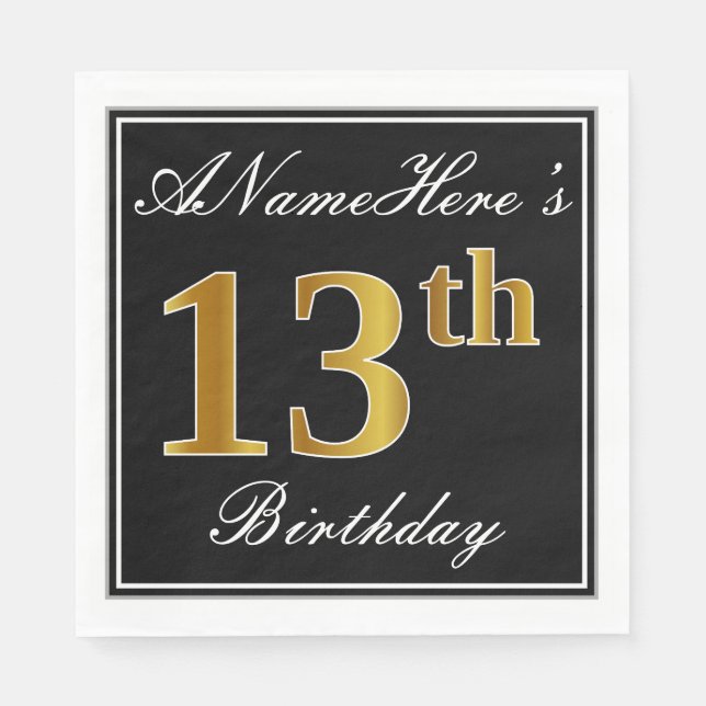 Elegant, Faux Gold 13th Birthday + Custom Name Paper Napkins (Front)