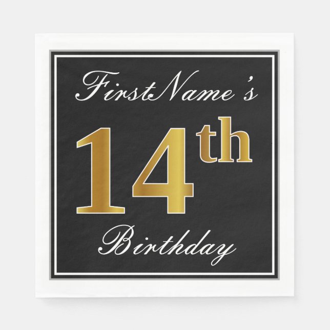 Elegant, Faux Gold 14th Birthday + Custom Name Napkins (Front)